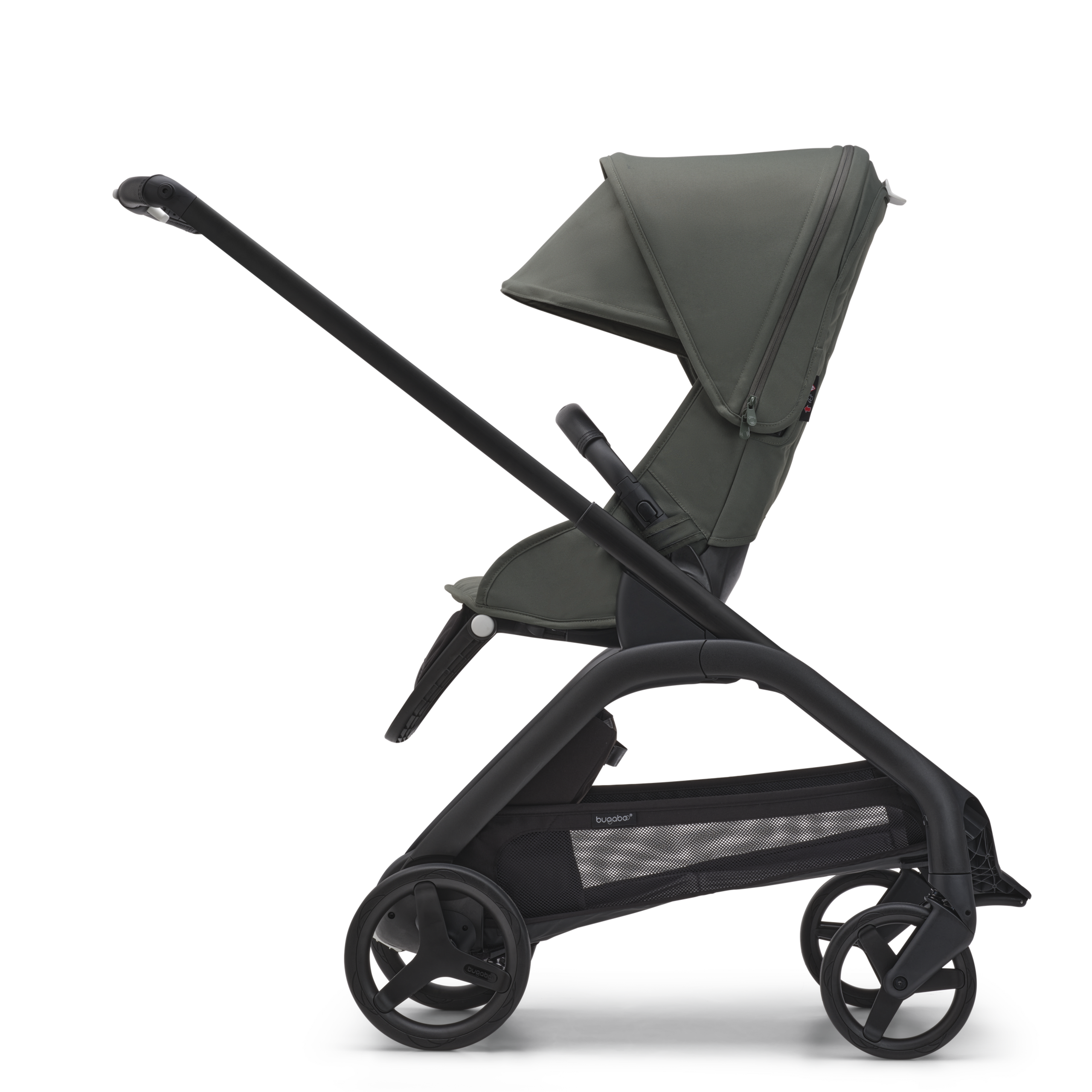 Side view of the Bugaboo Dragonfly seat stroller with black chassis, forest green fabrics and forest green sun canopy. - Thumbnail Slide 2 of 15