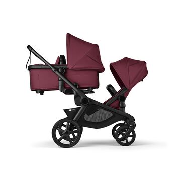 Bugaboo Kangaroo 2-in-1 tandem stroller with one bassinet above and one seat below, with Dark Cherry fabrics and Dark Cherry sun canopies. - view 2