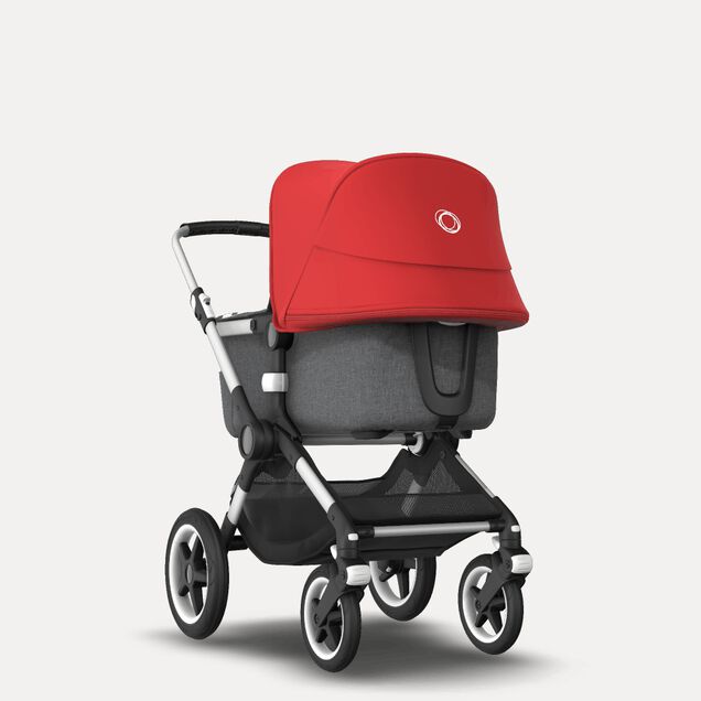 Bugaboo Fox 2 seat and carrycot pushchair red sun canopy, grey melange fabrics, aluminium base - Main Image Slide 1 of 10