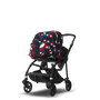 Bugaboo Bee 6 bassinet and seat stroller black base, black fabrics, animal explorer red/blue sun canopy