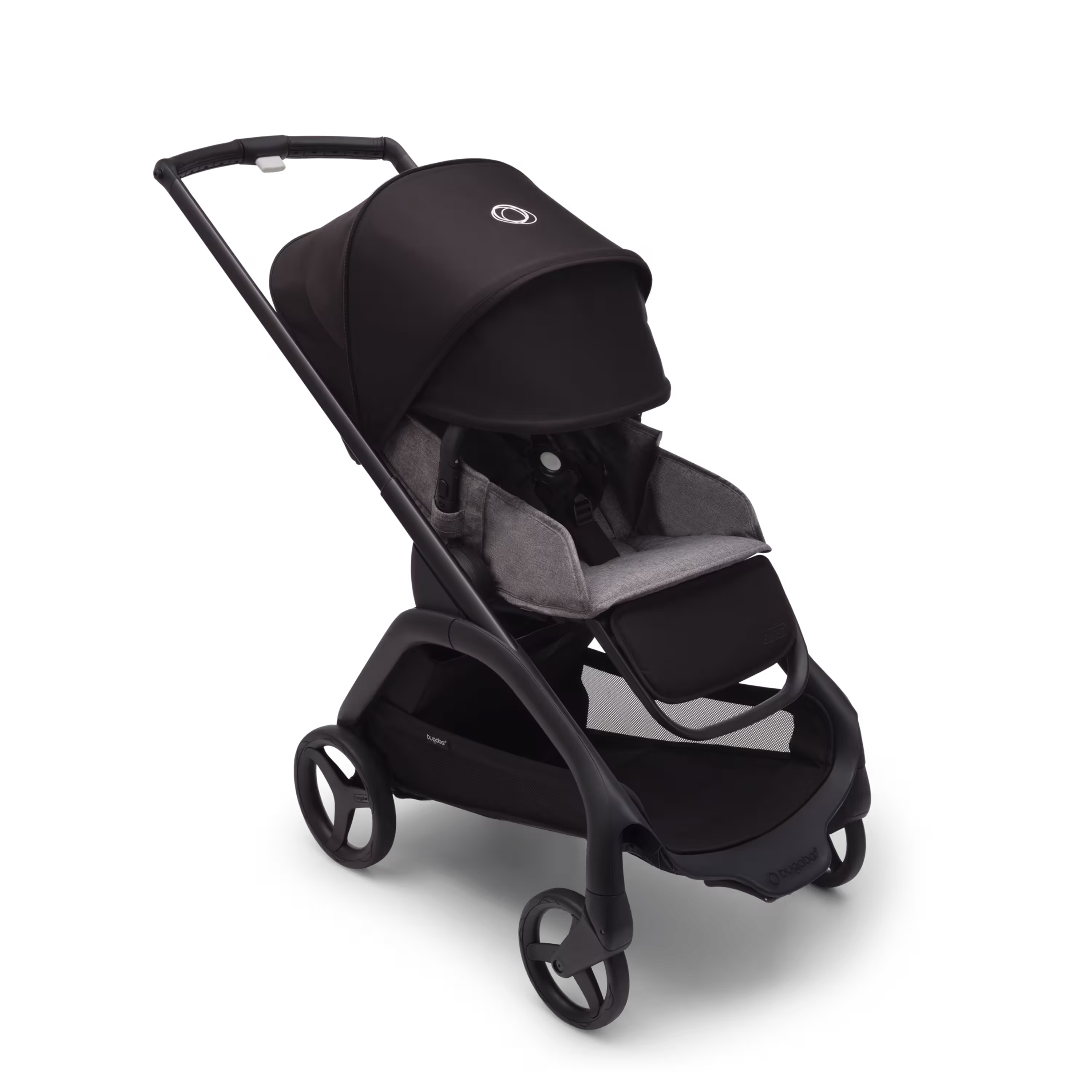 Bugaboo Dragonfly seat stroller with black chassis, grey melange fabrics and midnight black sun canopy. The sun canopy is fully extended. - Main Modal Image Slide 3 of 16