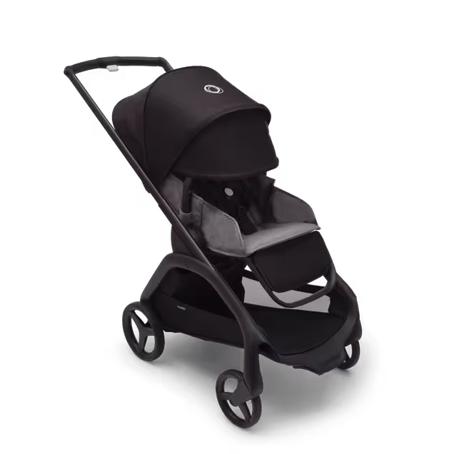 Bugaboo Dragonfly seat stroller with black chassis, grey melange fabrics and midnight black sun canopy. The sun canopy is fully extended. - Main Image Slide 3 of 16