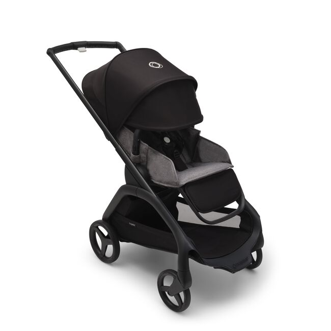 Bugaboo Dragonfly seat stroller with black chassis, grey melange fabrics and midnight black sun canopy. The sun canopy is fully extended. - Main Image Slide 4 of 18