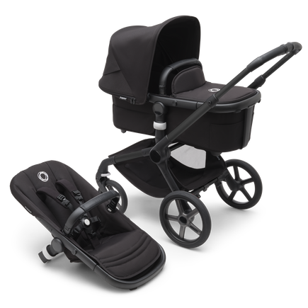 Bugaboo Fox 5 bassinet and seat pram with black chassis, midnight black fabrics and midnight black sun canopy. - view 1