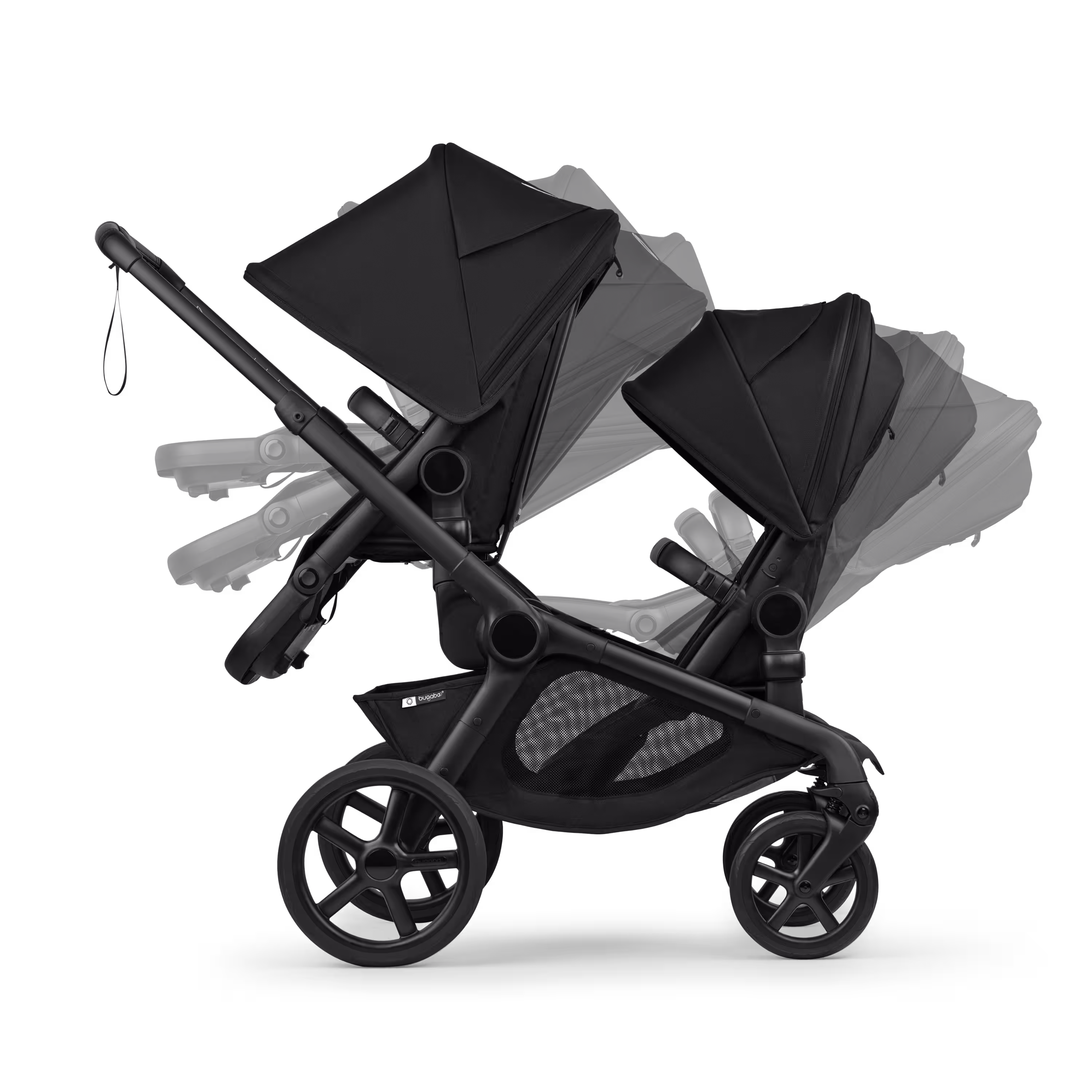Bugaboo Kangaroo seat-only tandem black base, midnight black fabrics, misty white sun canopy - Main Modal Image Slide 8 of 12