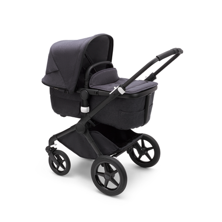 Bugaboo Fox 3 bassinet stroller with black frame, mineral black fabrics, and mineral black sun canopy.