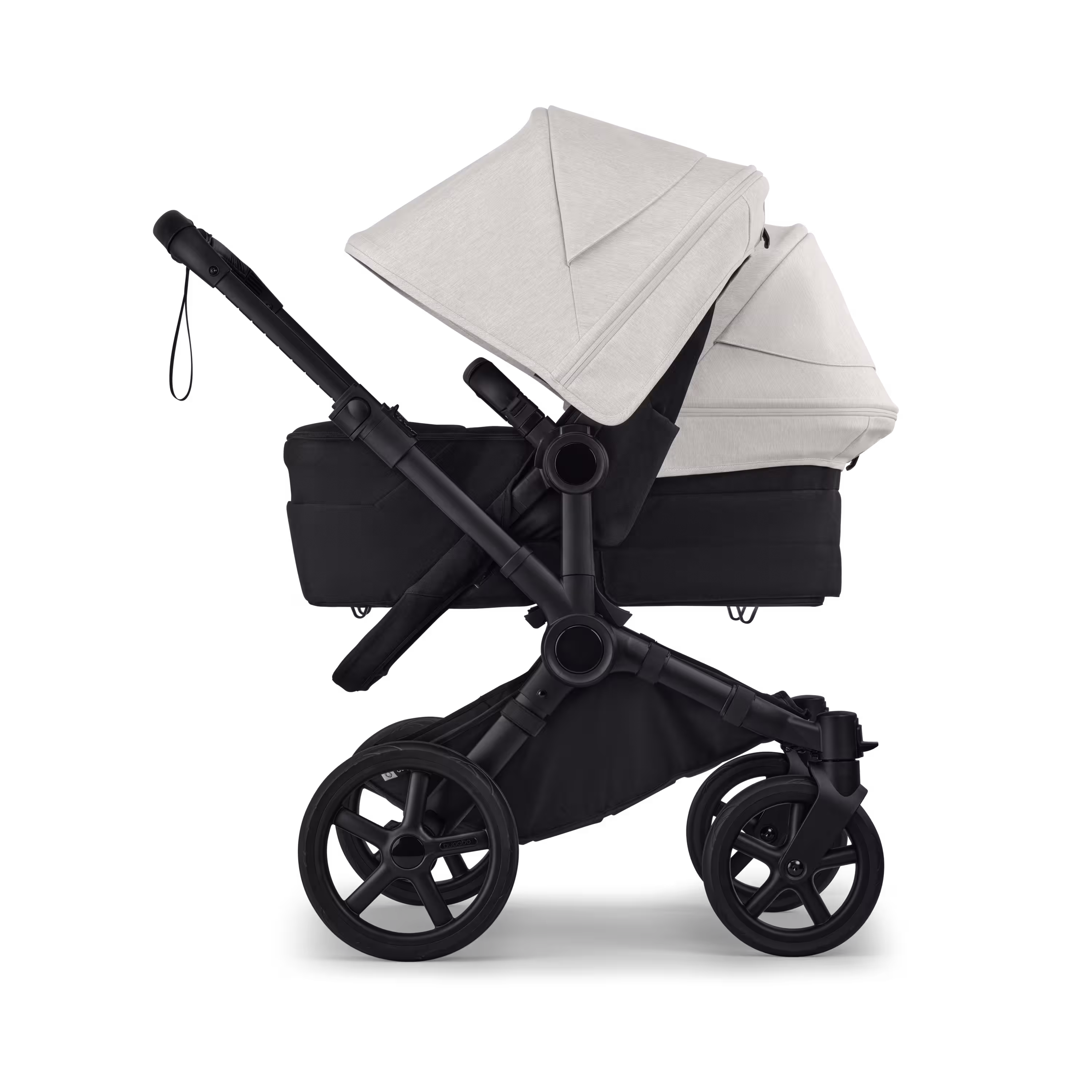 Bugaboo Donkey 6 double stroller black base, heritage black fabrics, misty white sun canopy view 3 - Main Modal Image Slide 3 of 10