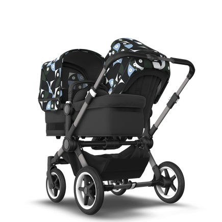 Bugaboo Donkey 5 Duo bassinet and seat stroller graphite base, midnight black fabrics, animal explorer green/ light blue sun canopy - view 1