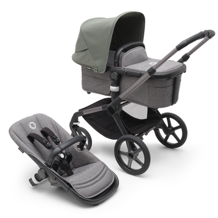 Bugaboo Fox 5 bassinet and seat pram with graphite chassis, grey melange fabrics and forest green sun canopy.