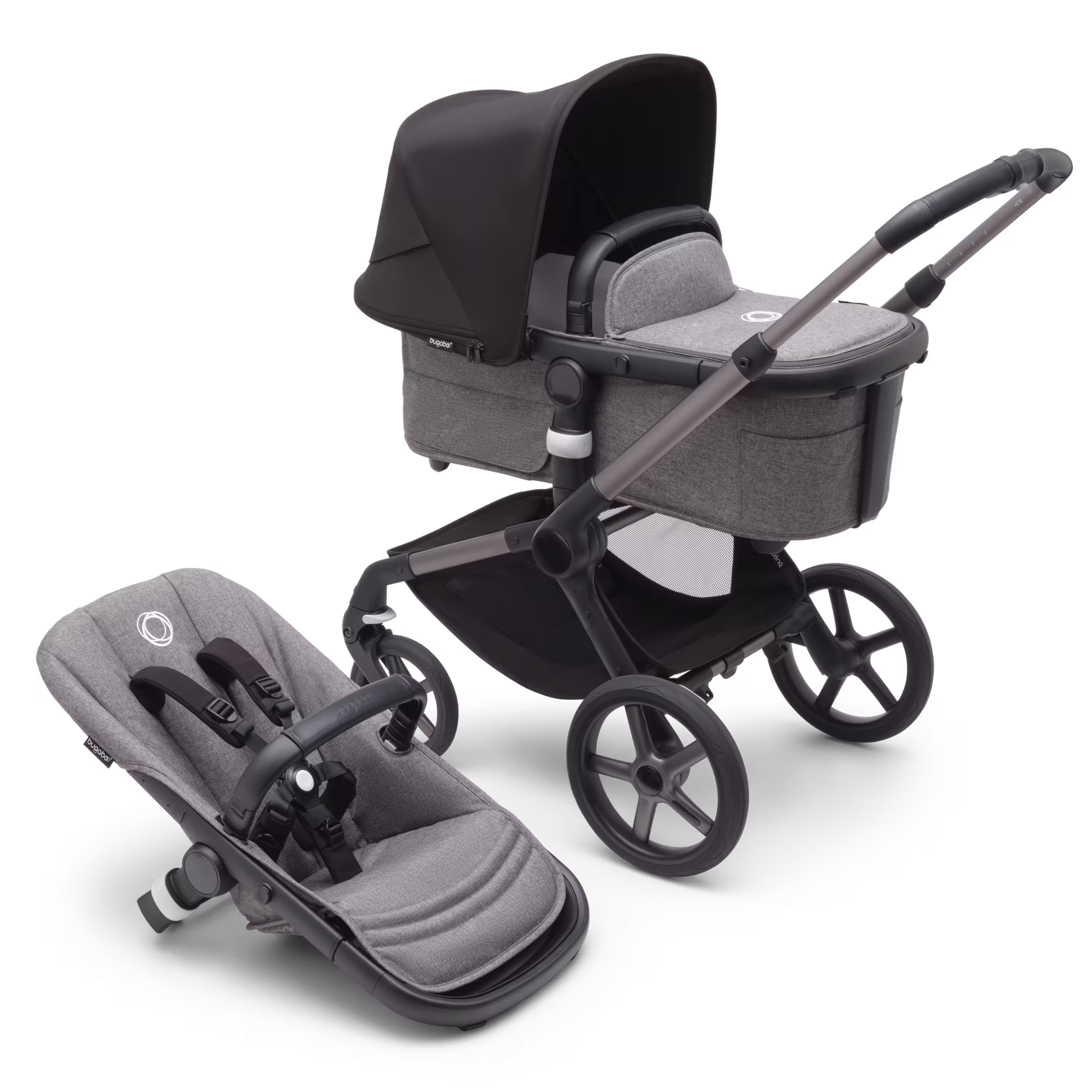 Refurbished Bugaboo Fox 5 bassinet and seat stroller graphite base, grey melange fabrics, midnight black sun canopy - Main Modal Image Slide 1 van 7