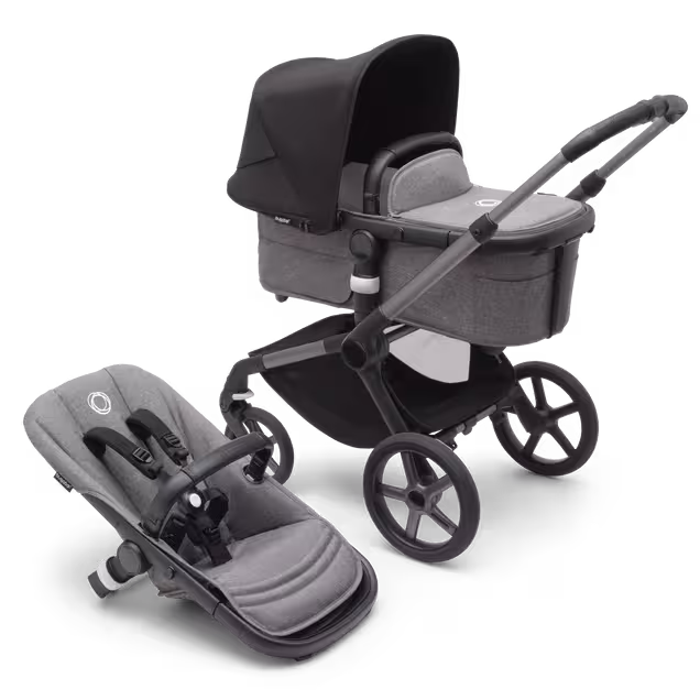 Refurbished Bugaboo Fox 5 bassinet and seat stroller graphite base, grey melange fabrics, midnight black sun canopy - Main Image Slide 1 van 7
