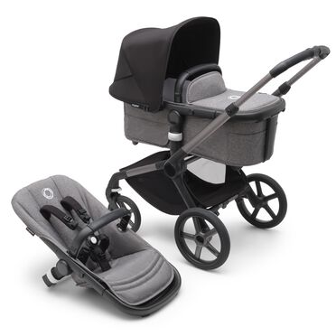 Refurbished Bugaboo Fox 5 bassinet and seat stroller graphite base, grey melange fabrics, midnight black sun canopy