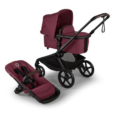 Bugaboo Kangaroo 2-in-1 stroller with one bassinet, Desert Taupe fabrics, and Desert Taupe sun canopy. A detached seat in Desert Taupe sits next to the stroller.