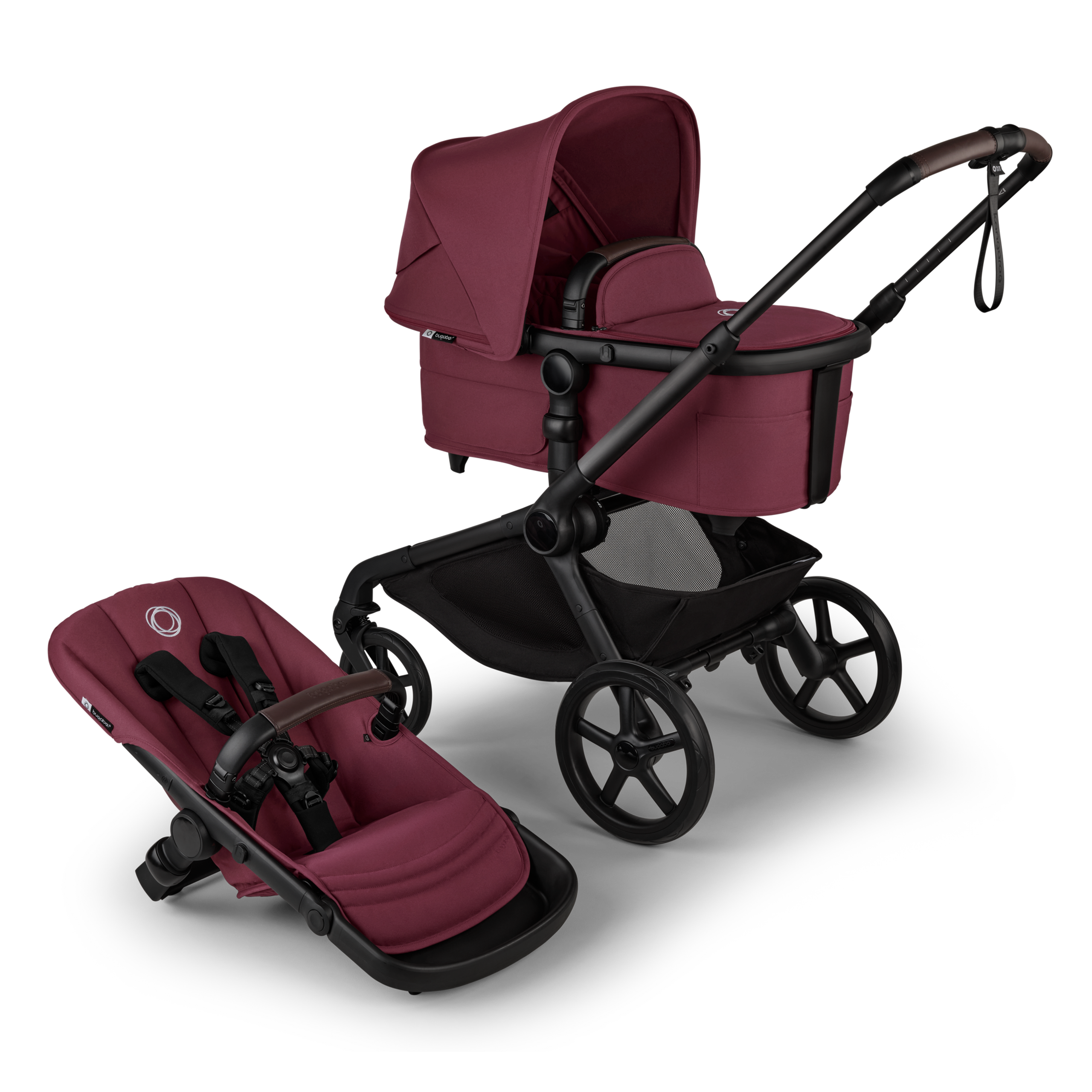 Bugaboo Kangaroo 2-in-1 stroller with one bassinet, Desert Taupe fabrics, and Desert Taupe sun canopy. A detached seat in Desert Taupe sits next to the stroller. - Thumbnail Slide 1 of 18