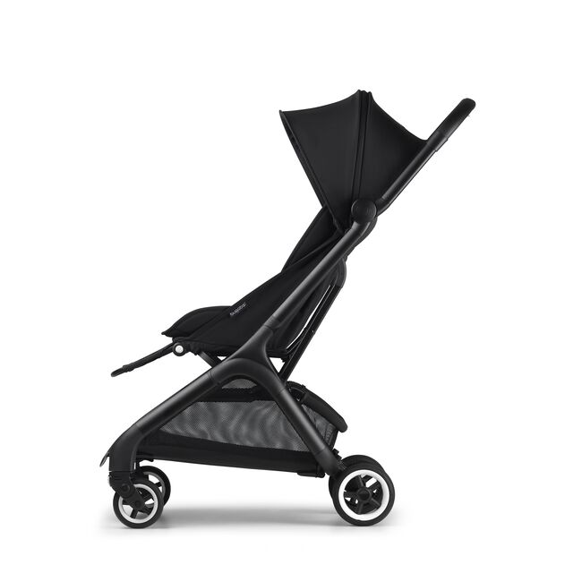 Side view of the Bugaboo Butterfly seat stroller with black chassis, stormy blue fabrics and stormy blue sun canopy.