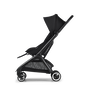Side view of the Bugaboo Butterfly seat stroller with black chassis, stormy blue fabrics and stormy blue sun canopy.
