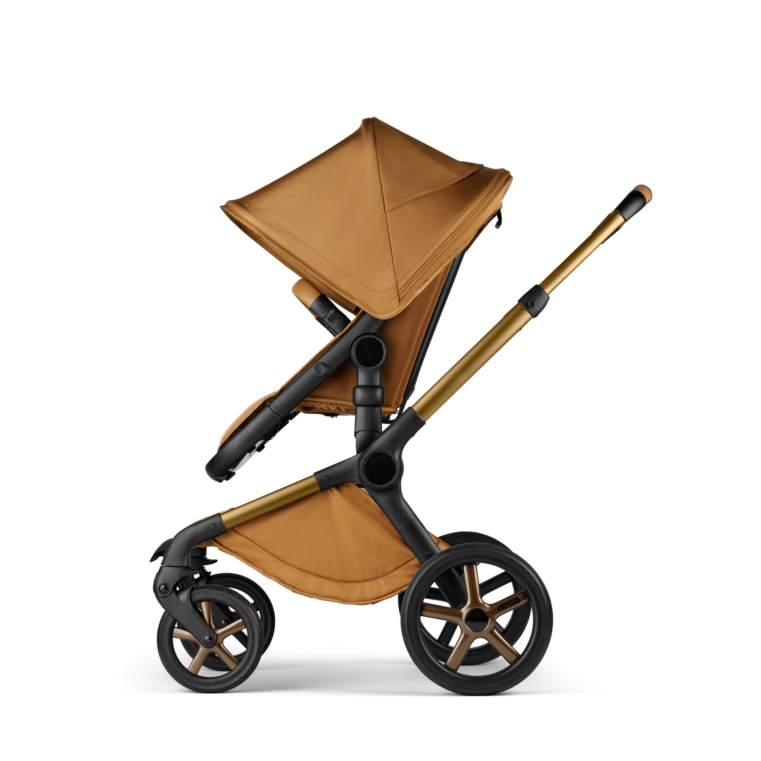 Side view of a Bugaboo Fox 5 Noir Limited Edition seat stroller in Amber Glow colorway. - Thumbnail Slide 4 of 15