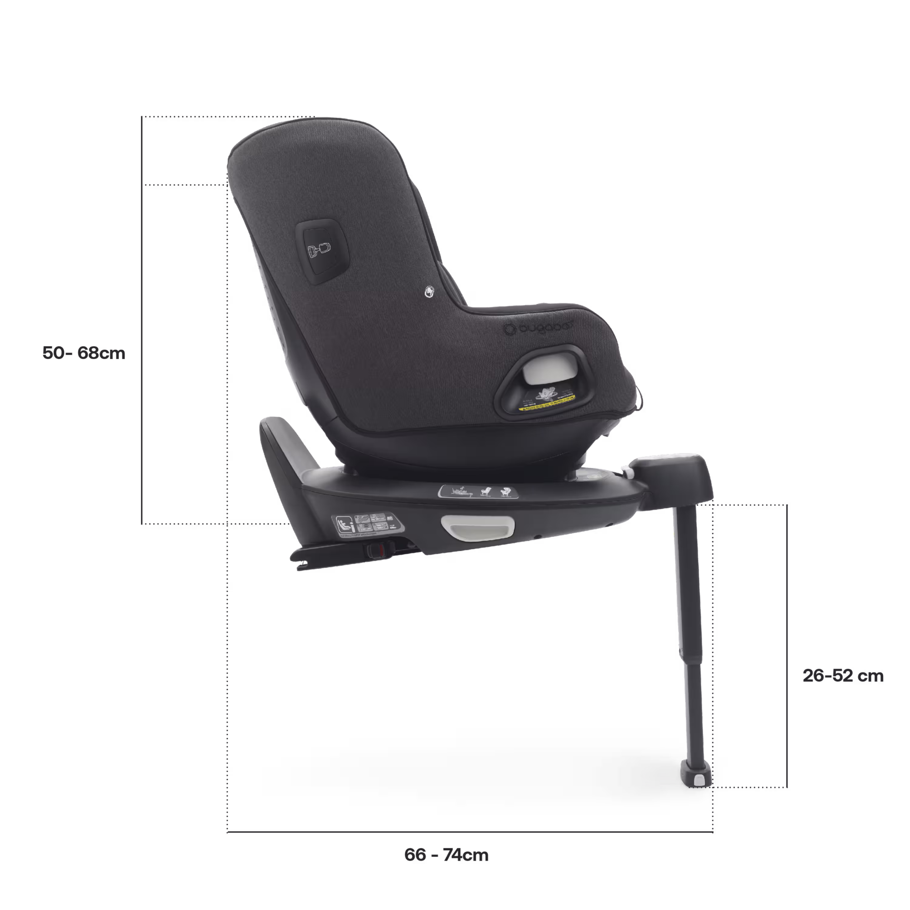 Side view of Bugaboo Owl by Nuna car seat on the 360 ISOFIX Base, with measurements: Height including base: 50-68 cm, length including base: 66-74 cm, length stability leg: 26-52 cm. - Main Modal Image Slide 4 of 8