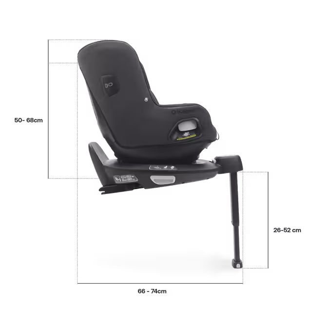 Side view of Bugaboo Owl by Nuna car seat on the 360 ISOFIX Base, with measurements: Height including base: 50-68 cm, length including base: 66-74 cm, length stability leg: 26-52 cm. - Main Image Slide 4 of 8