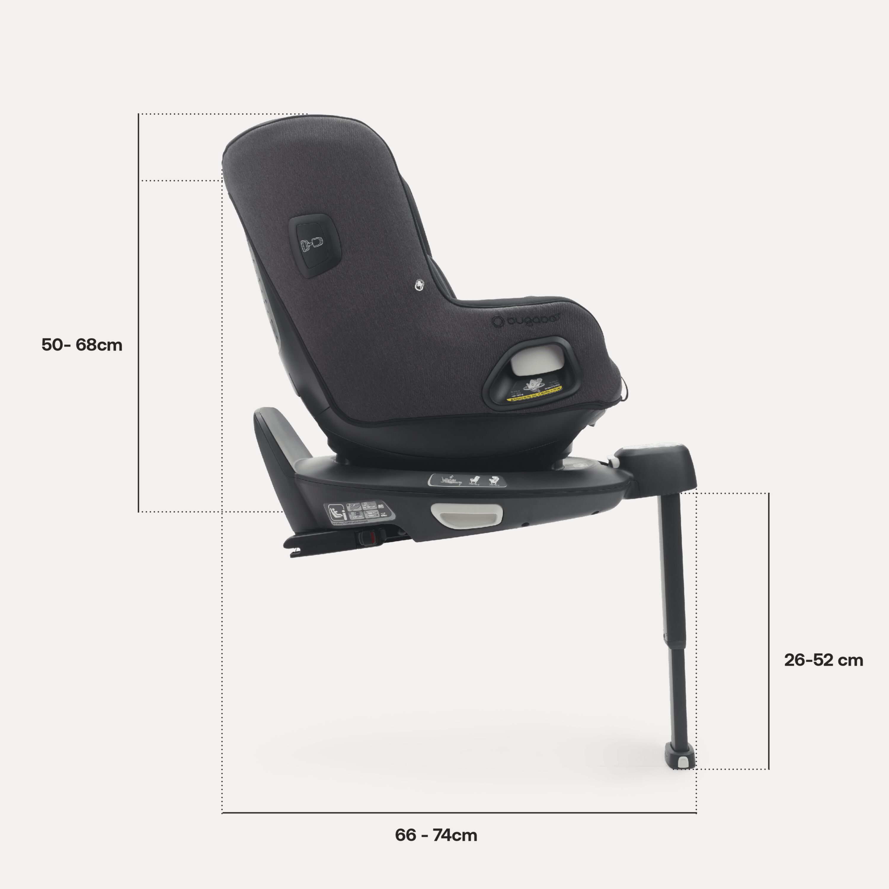 Side view of Bugaboo Owl by Nuna car seat on the 360 ISOFIX Base, with measurements: Height including base: 50-68 cm, length including base: 66-74 cm, length stability leg: 26-52 cm. - Main Modal Image Slide 4 of 8