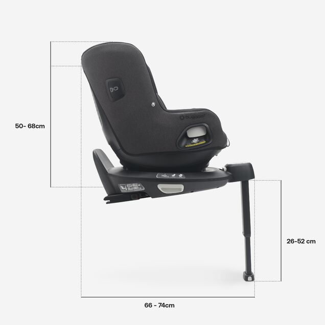 Side view of Bugaboo Owl by Nuna car seat on the 360 ISOFIX Base, with measurements: Height including base: 50-68 cm, length including base: 66-74 cm, length stability leg: 26-52 cm. - Main Image Slide 4 of 8