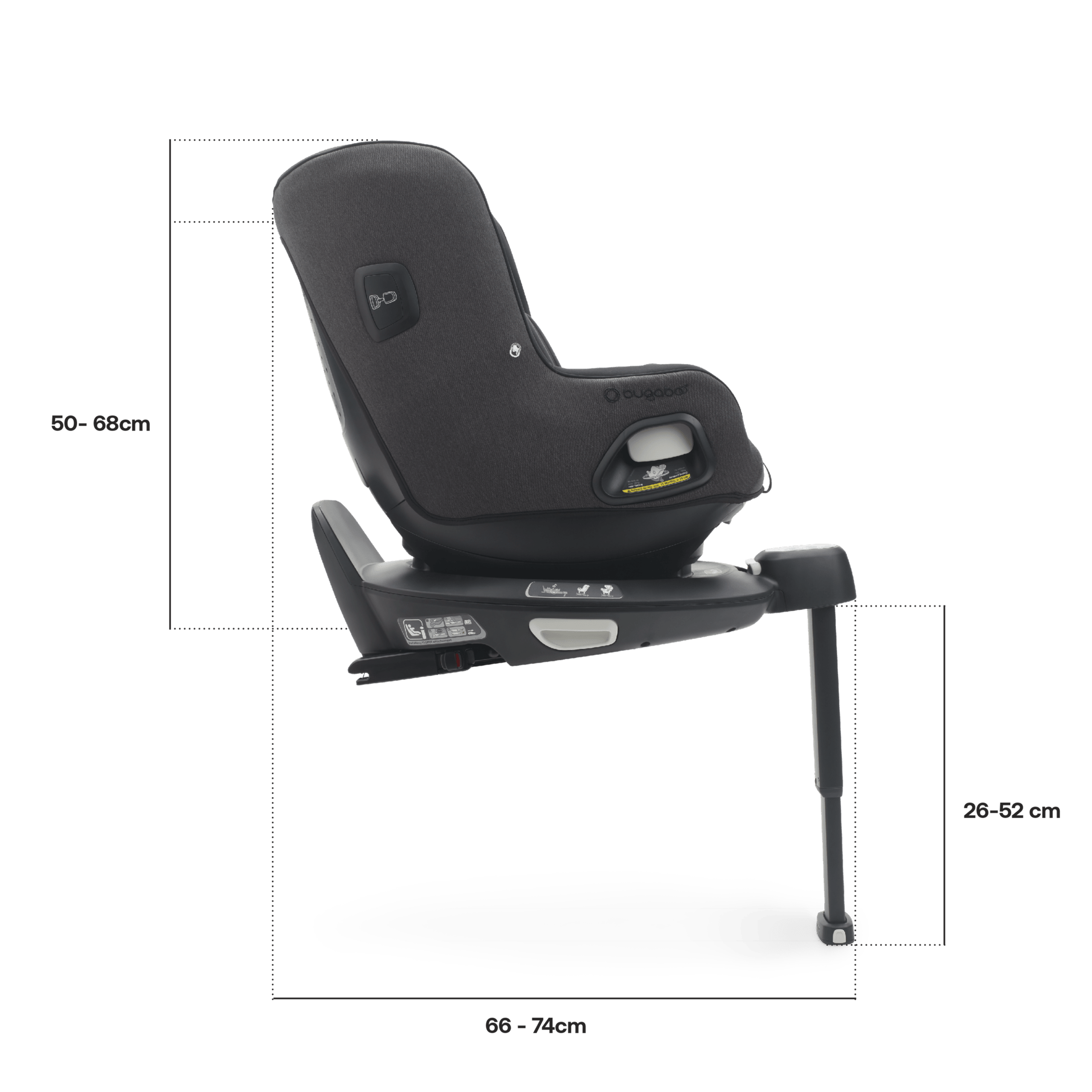Side view of Bugaboo Owl by Nuna car seat on the 360 ISOFIX Base, with measurements: Height including base: 50-68 cm, length including base: 66-74 cm, length stability leg: 26-52 cm. - Thumbnail Slide 4 of 8