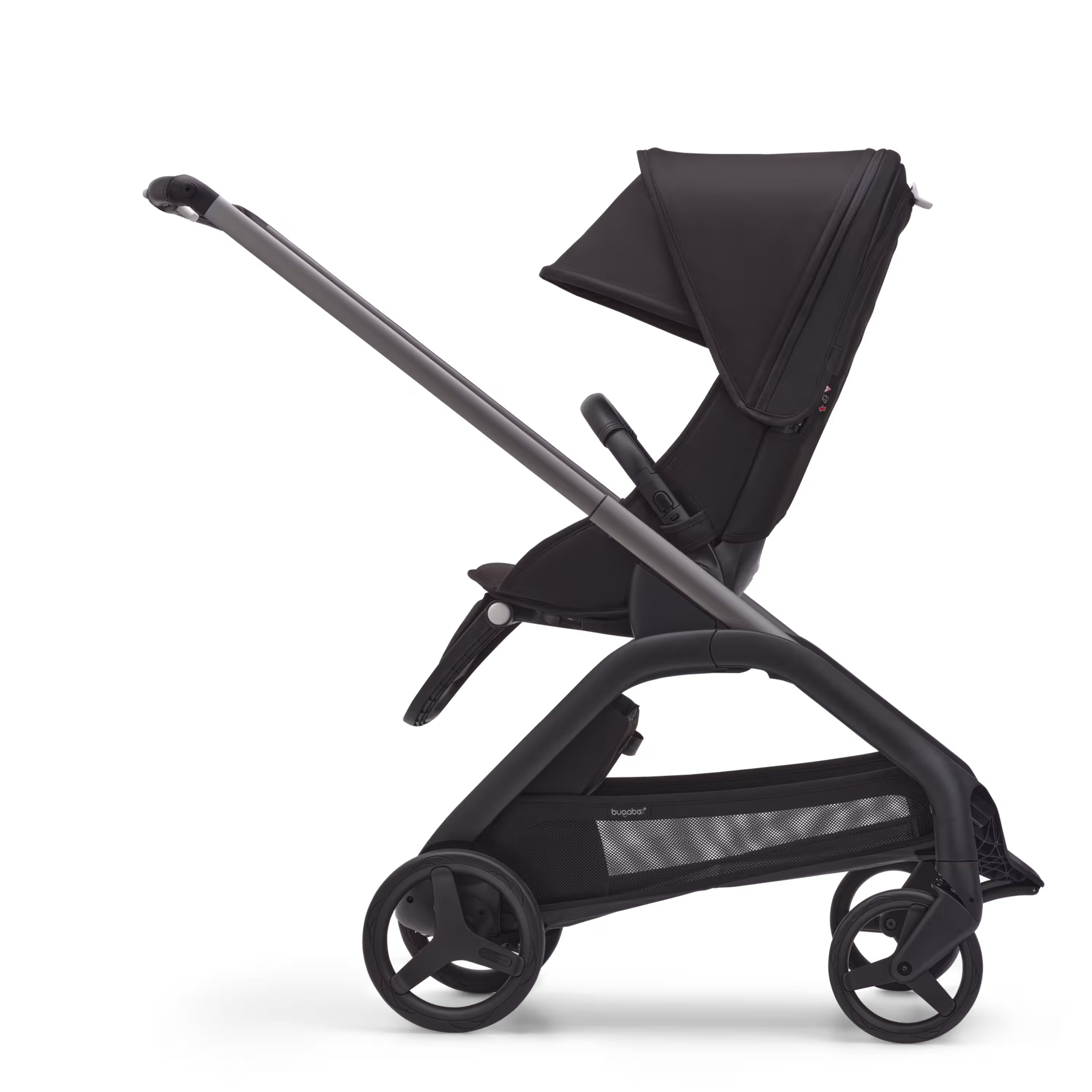 Side view of the Bugaboo Dragonfly seat stroller with graphite chassis, midnight black fabrics and midnight black sun canopy. - Main Modal Image Slide 2 of 16