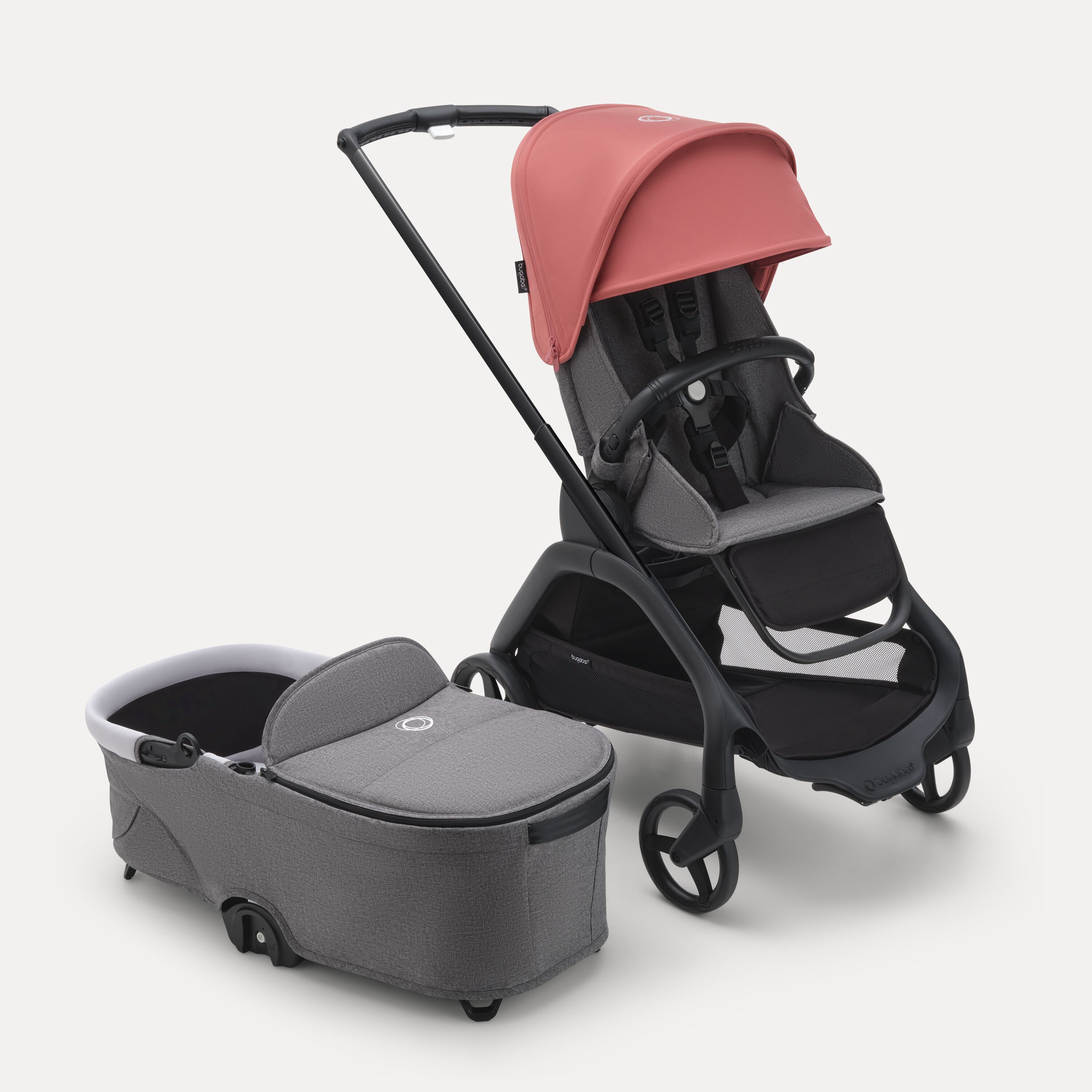Refurbished Bugaboo Dragonfly bassinet and seat stroller black base, grey melange fabrics, sunrise red sun canopy - Main Modal Image Slide 2 of 2