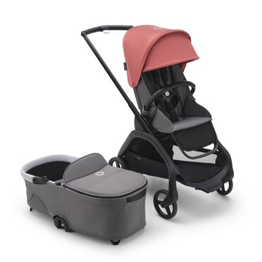 Refurbished Bugaboo Dragonfly bassinet and seat stroller black base, grey melange fabrics, sunrise red sun canopy - view 2