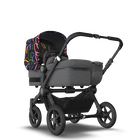 Bugaboo Donkey 5 Mono bassinet and seat stroller black base, grey mélange fabrics, art of discovery dark blue sun canopy