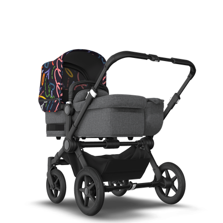 Bugaboo Donkey 5 Mono bassinet and seat stroller black base, grey mélange fabrics, art of discovery dark blue sun canopy - view 1