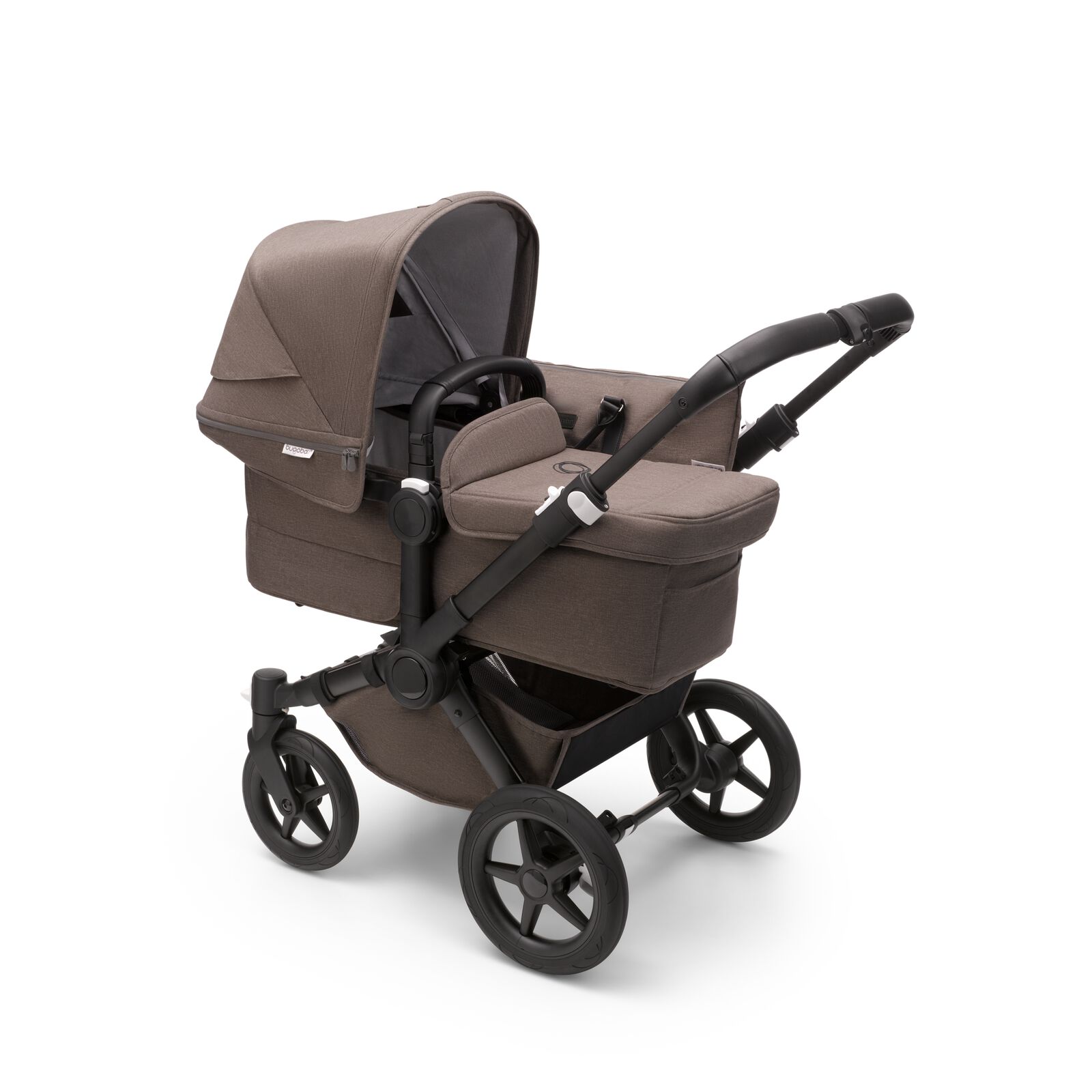 Bugaboo Donkey 5 Mono bassinet and seat stroller black base, mineral taupe fabrics, mineral taupe sun canopy