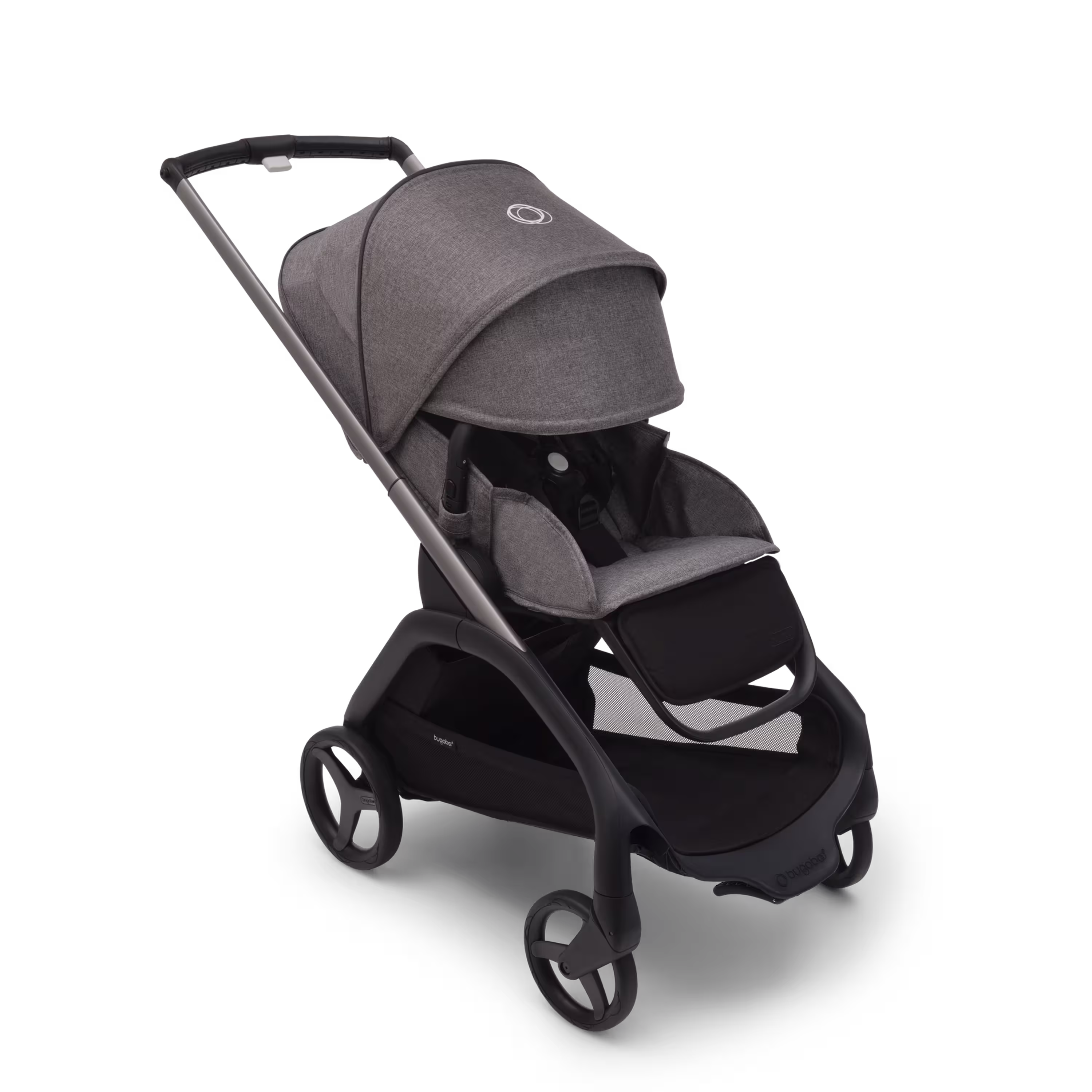 Bugaboo Dragonfly seat stroller with graphite chassis, grey melange fabrics and grey melange sun canopy. The sun canopy is fully extended. - Main Modal Image Slide 3 of 16