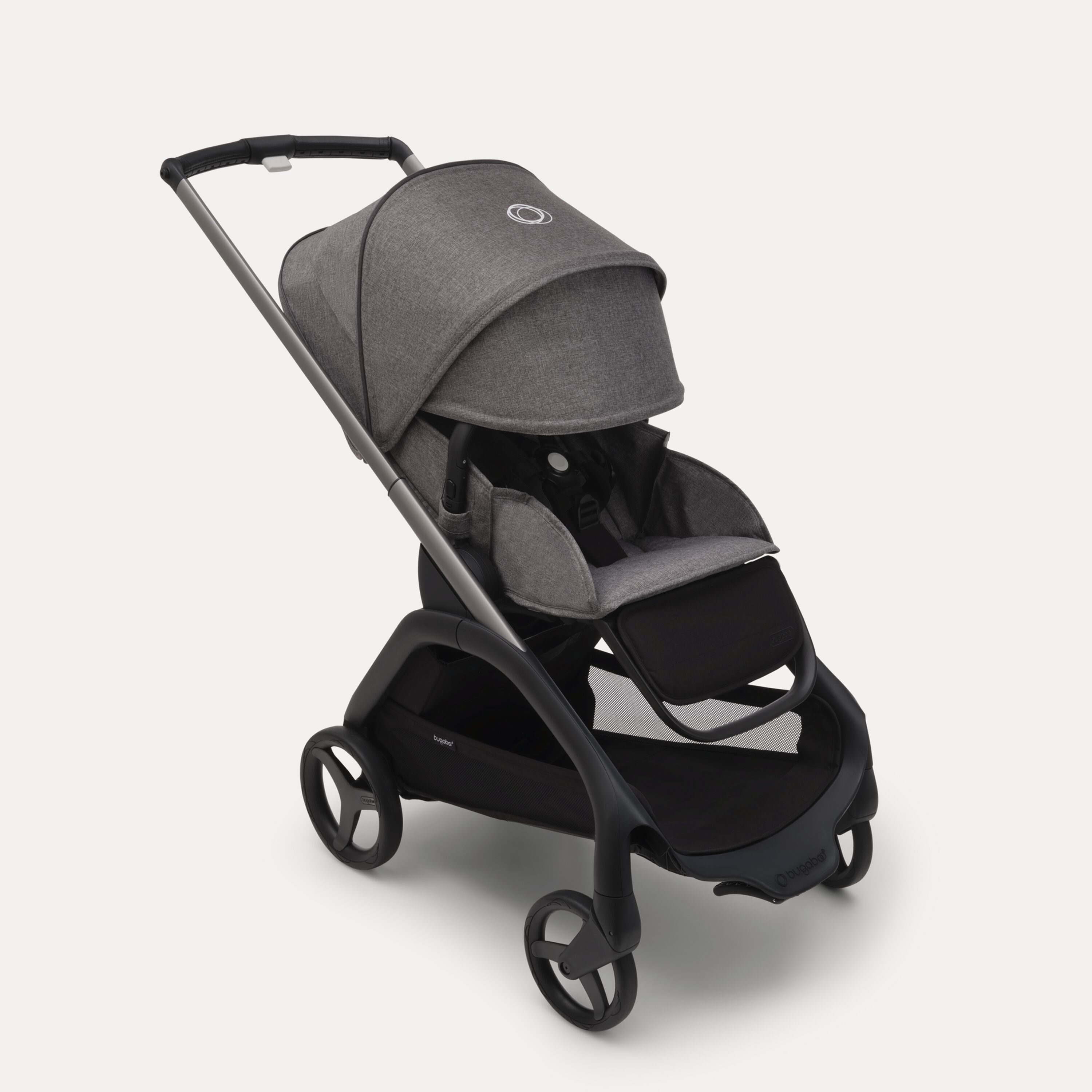 Bugaboo Dragonfly seat stroller with graphite chassis, grey melange fabrics and grey melange sun canopy. The sun canopy is fully extended. - Main Modal Image Slide 3 of 16