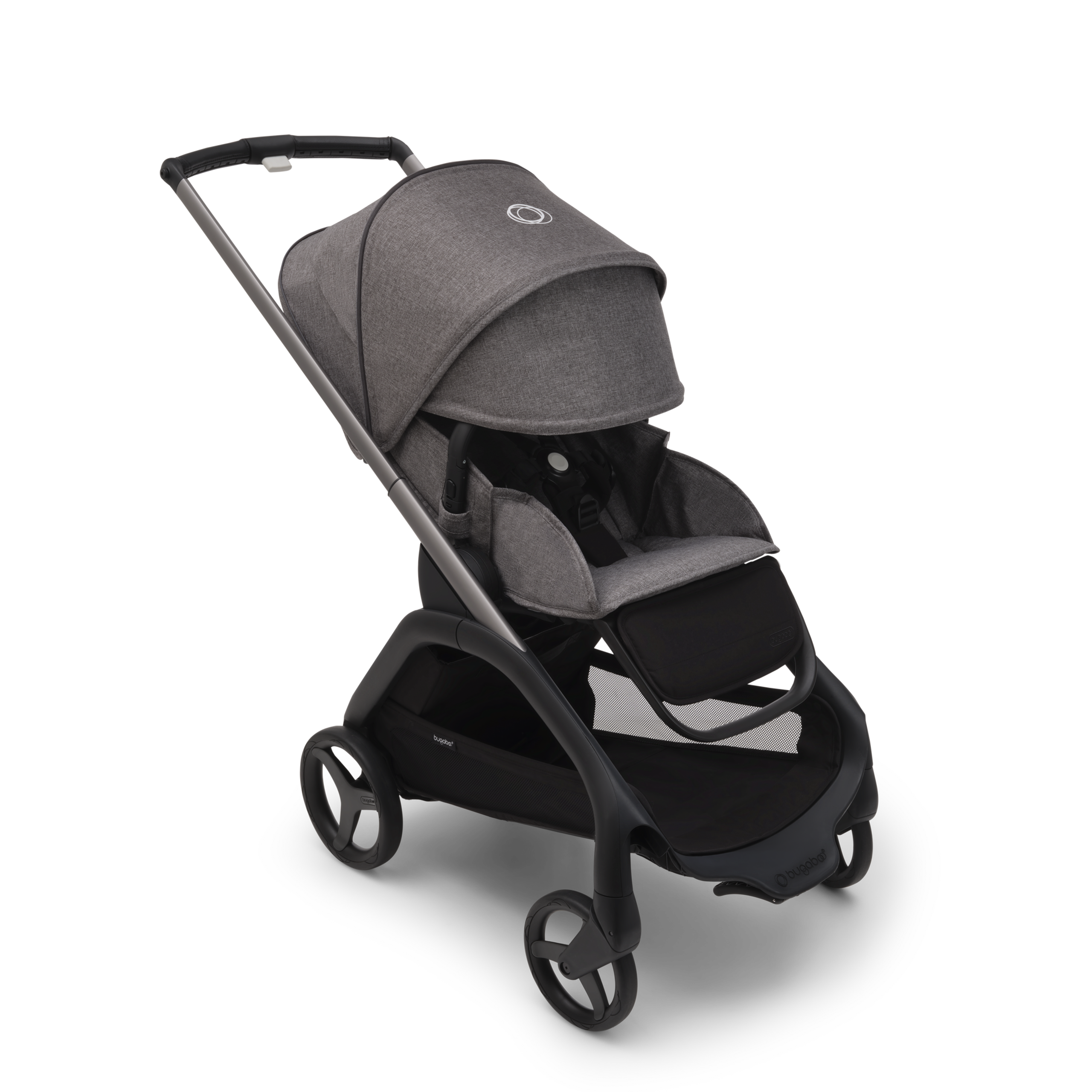 Bugaboo Dragonfly seat stroller with graphite chassis, grey melange fabrics and grey melange sun canopy. The sun canopy is fully extended. - Thumbnail Slide 3 of 15