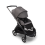 Bugaboo Dragonfly seat stroller with graphite chassis, grey melange fabrics and grey melange sun canopy. The sun canopy is fully extended.