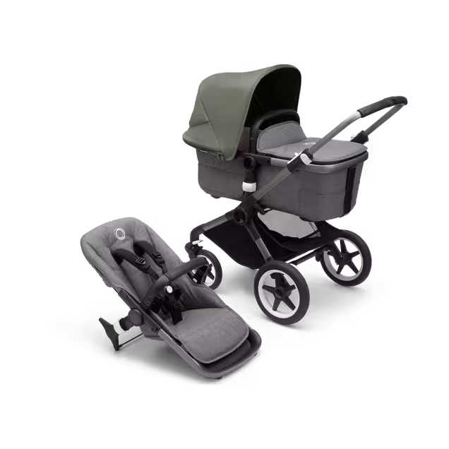 Bugaboo Fox 3 bassinet and seat stroller with graphite frame, grey melange fabrics, and forest green sun canopy. - Main Image Slide 1 of 7
