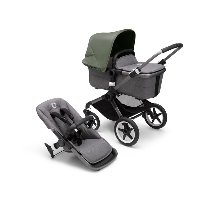 Bugaboo Fox 3 bassinet and seat stroller with graphite frame, grey melange fabrics, and forest green sun canopy. - Main Image Slide 1 of 7