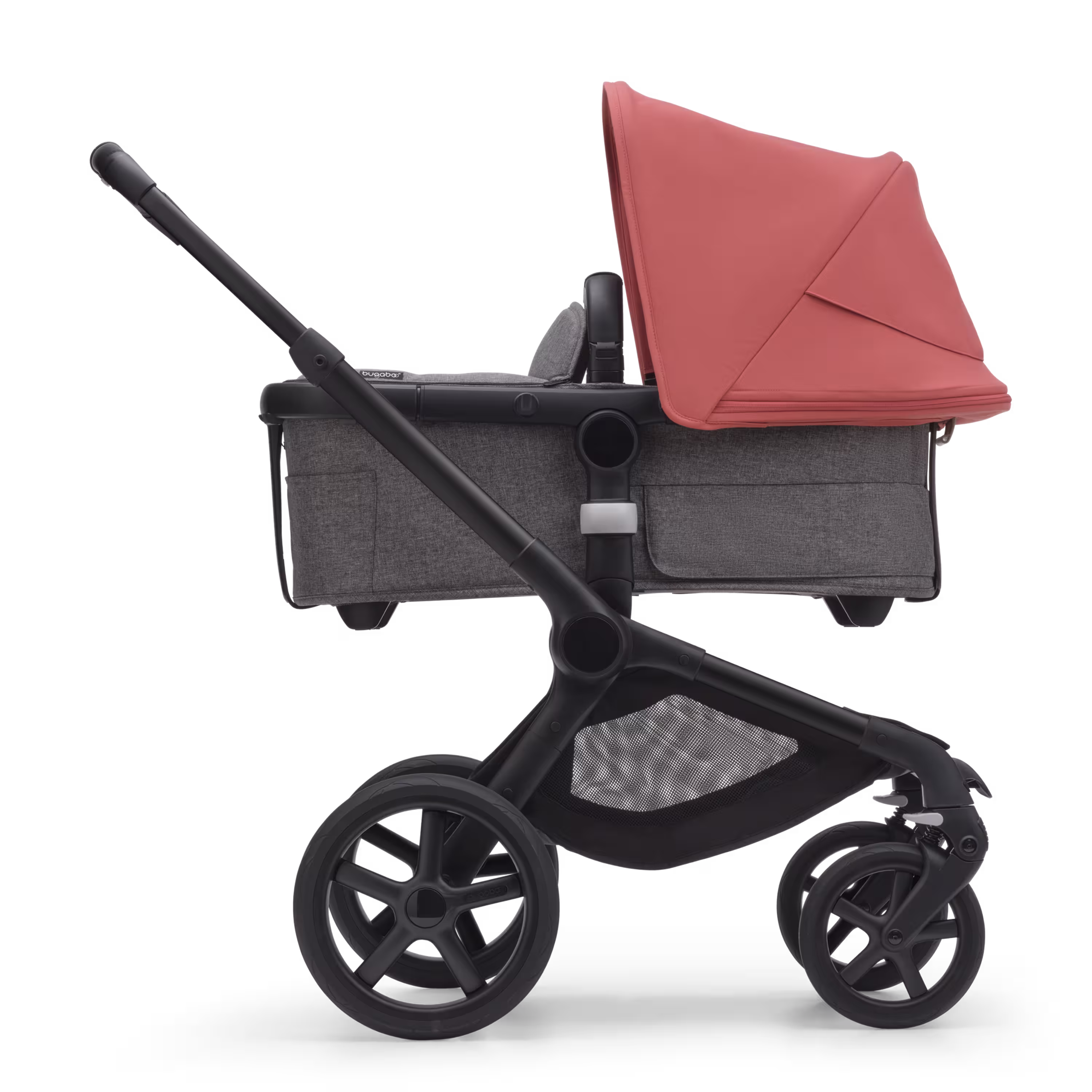 Side view of the Bugaboo Fox 5 carrycot pushchair with black chassis, grey melange fabrics and sunrise red sun canopy. - Main Modal Image Slide 2 of 13