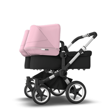 Bugaboo Donkey 3 Twin seat and bassinet stroller soft pink sun canopy, black fabrics, aluminium base