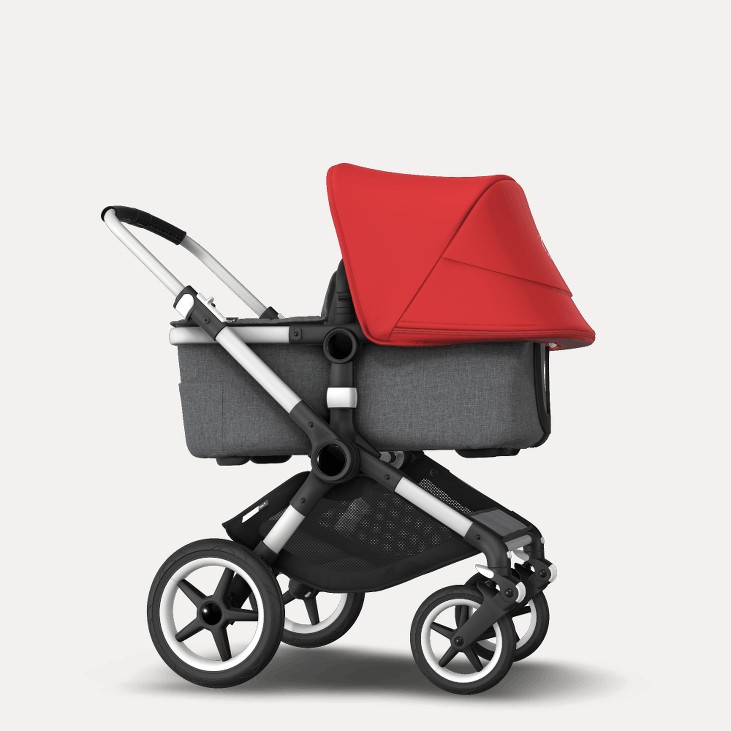 Bugaboo Fox 2 seat and carrycot pushchair red sun canopy, grey melange fabrics, aluminium base - Main Modal Image Slide 4 of 10