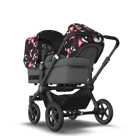 Bugaboo Donkey 5 Duo bassinet and seat stroller black base, grey mélange fabrics, animal explorer pink/ red sun canopy - view 1