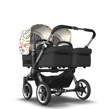 Bugaboo Donkey 5 twin stroller graphite base, midnight black fabrics, art of discovery white sun canopy
