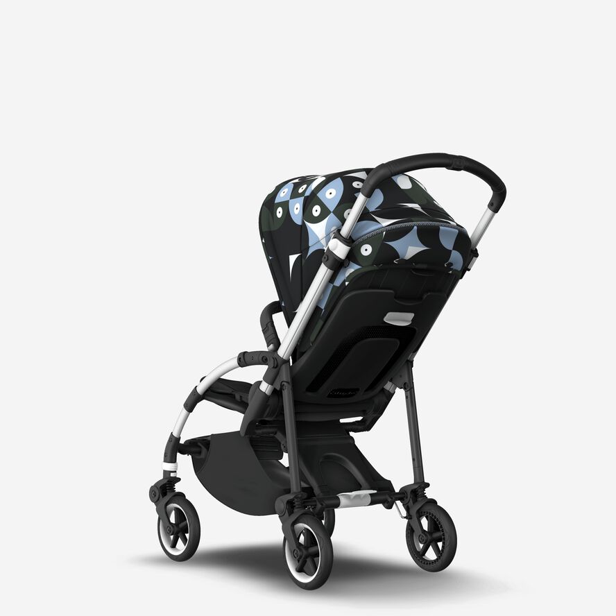 Bugaboo Bee 6 seat stroller aluminium base, black fabrics, animal explorer green/ light blue sun canopy