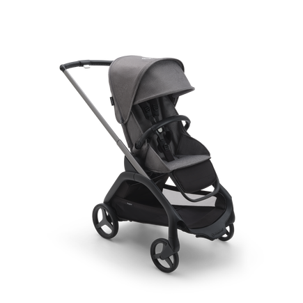 Bugaboo Dragonfly seat pram with graphite chassis, grey melange fabrics and grey melange sun canopy.