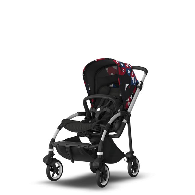 Bugaboo Bee 6 seat stroller aluminium base, black fabrics, animal explorer red/blue sun canopy