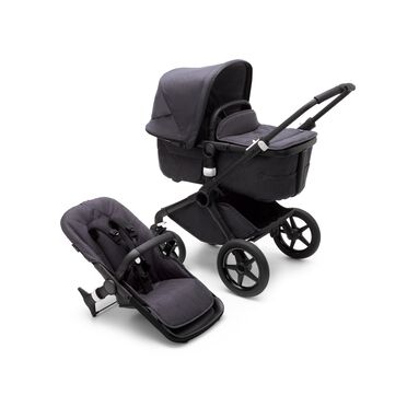 Bugaboo Fox 3 pram body and seat stroller with black frame, mineral black fabrics, and mineral black sun canopy.