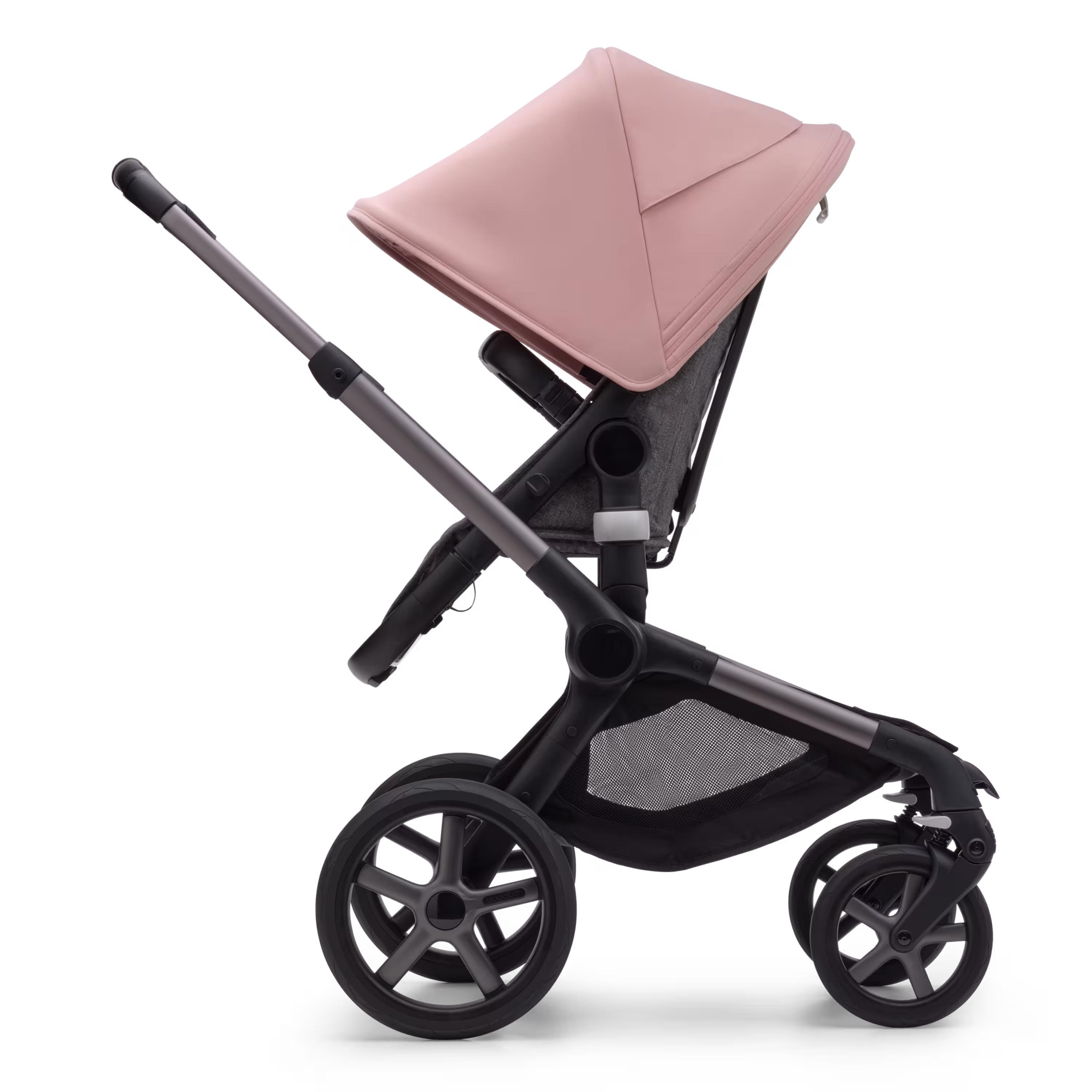 Side view of the Bugaboo Fox 5 seat pushchair with graphite chassis, grey melange fabrics and morning pink sun canopy. - Main Modal Image Slide 3 of 13