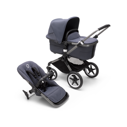 Bugaboo Fox 3 carrycot and seat pushchair with graphite frame, stormy blue fabrics, and stormy blue sun canopy. - view 1