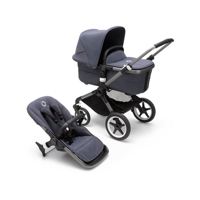 Bugaboo Fox 3 carrycot and seat pushchair with graphite frame, stormy blue fabrics, and stormy blue sun canopy. - Main Image Slide 1 of 9